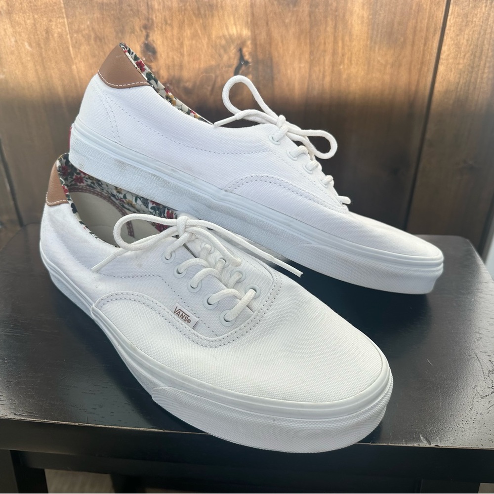 Vans White and Brown Canvas Sneakers with Lace-Up Design
